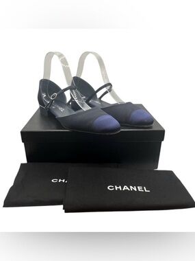 CHANEL Navy Satin Cap Toe Ankle Strap CC Flats 38.5EU